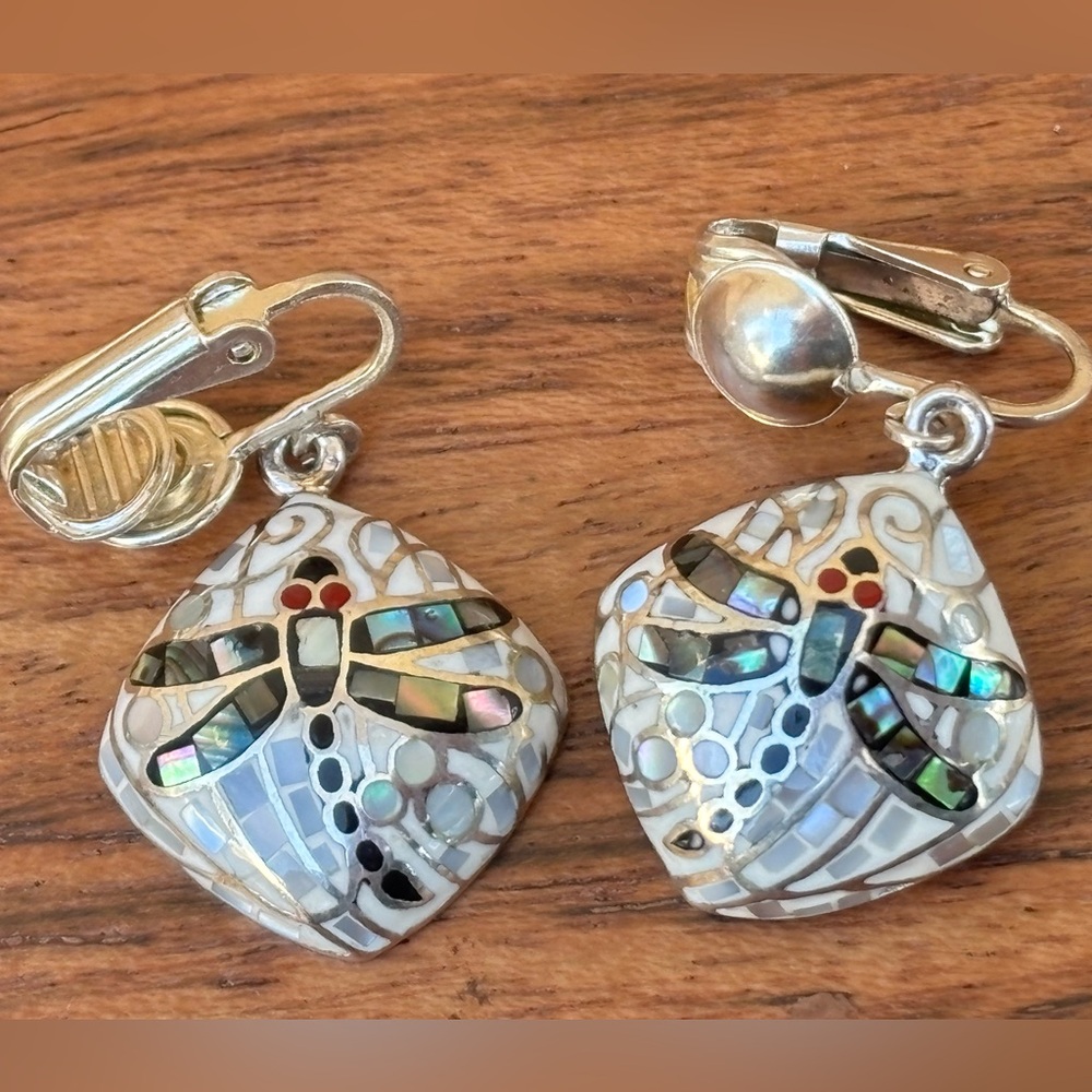 Vintage Sterling Silver Dragonfly Clip Earrings w/ Abalone Shell & enamel